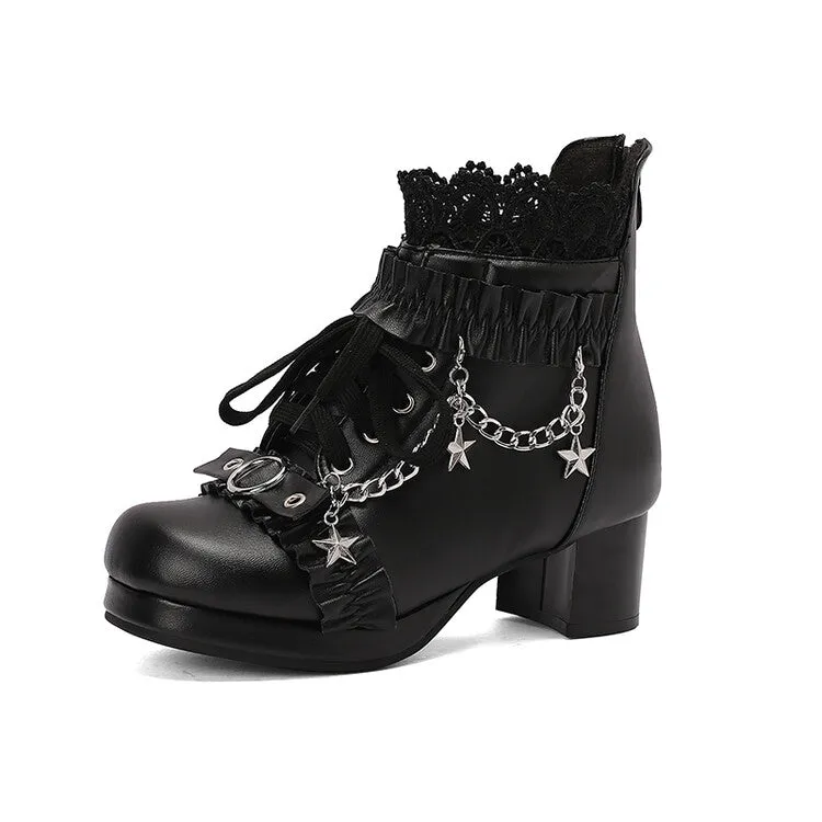 Women's Lace Chains Round Toe Block Heel Platform Ankle Boots