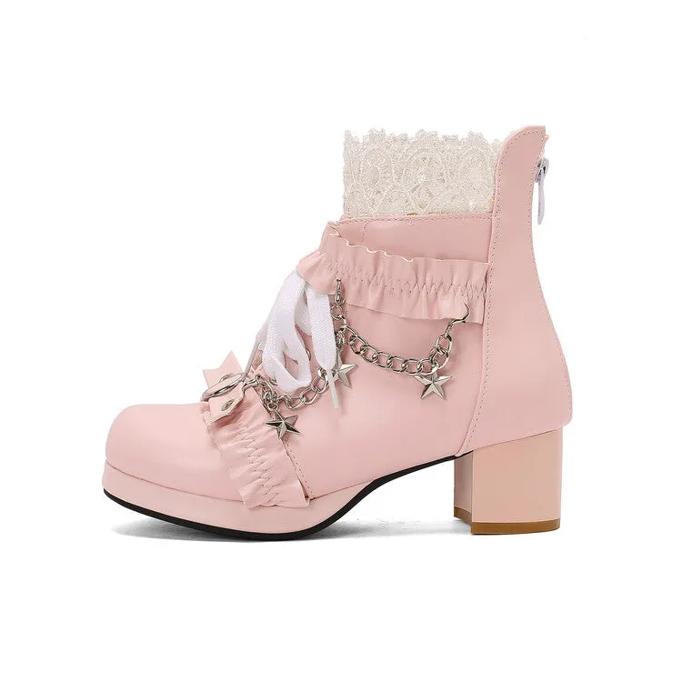 Women's Lace Chains Round Toe Block Heel Platform Ankle Boots