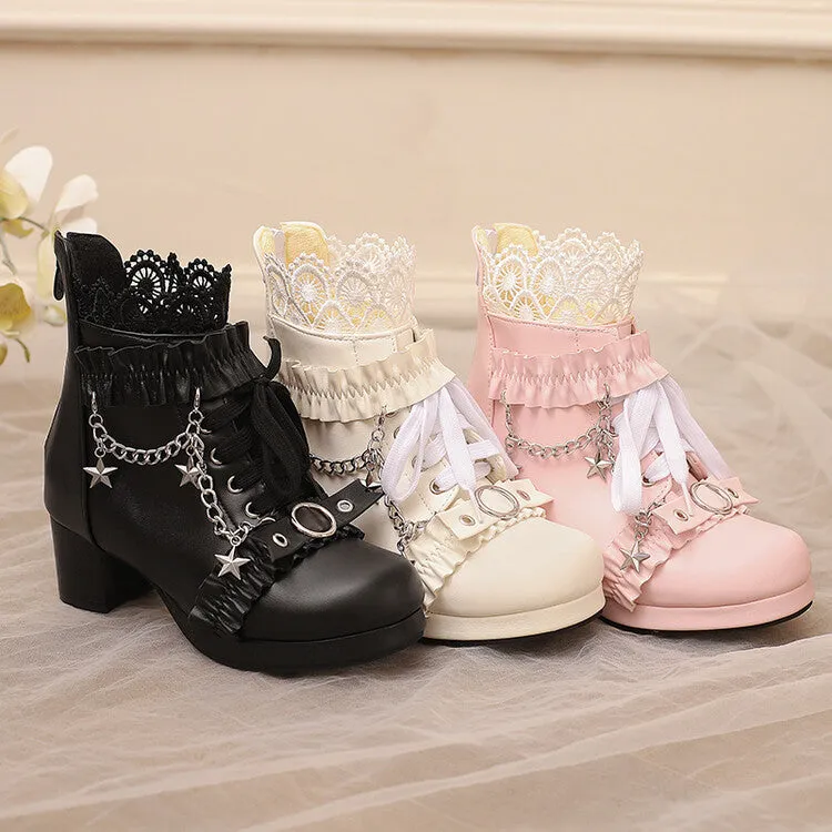 Women's Lace Chains Round Toe Block Heel Platform Ankle Boots