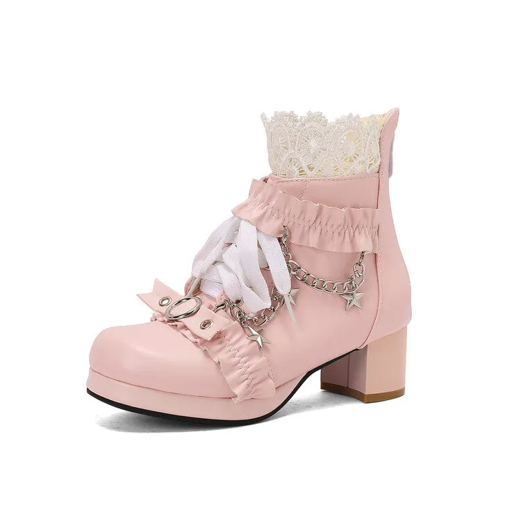 Women's Lace Chains Round Toe Block Heel Platform Ankle Boots