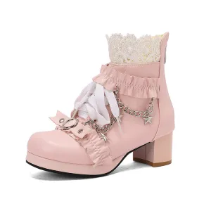 Women's Lace Chains Round Toe Block Heel Platform Ankle Boots