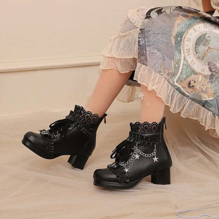 Women's Lace Chains Round Toe Block Heel Platform Ankle Boots