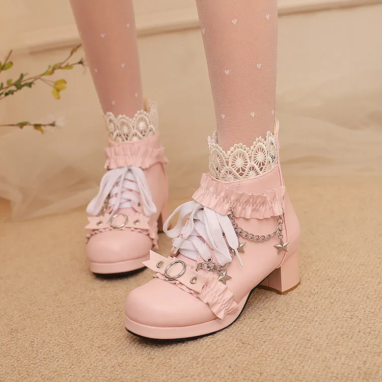 Women's Lace Chains Round Toe Block Heel Platform Ankle Boots