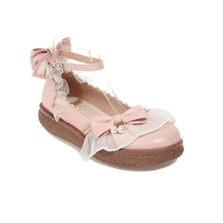 Women's Lolita Round Toe Lace Butterfly Knot Ankle Strap Flat Shoes