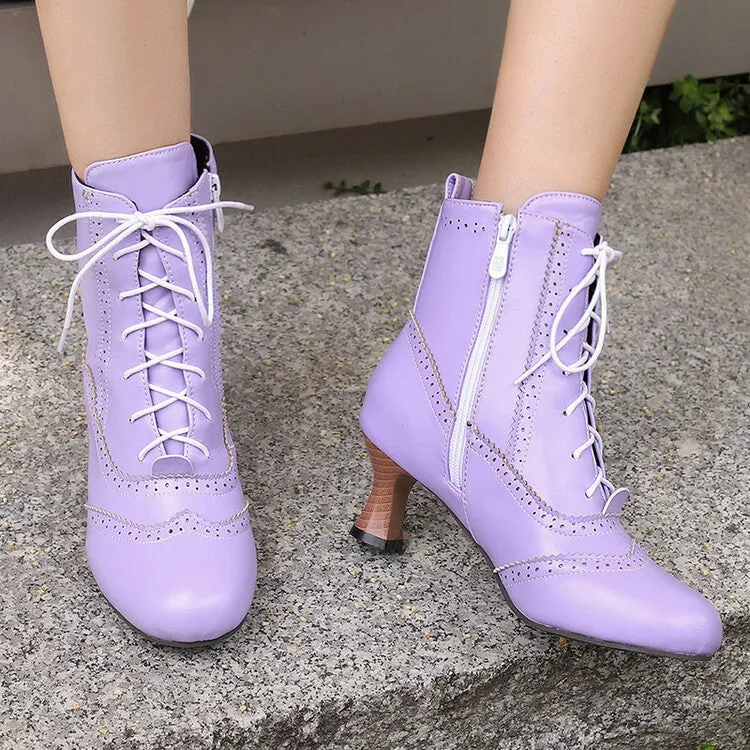 Women's Patchwork Lace-Up Round Toe Hoof Heel Ankle Boots