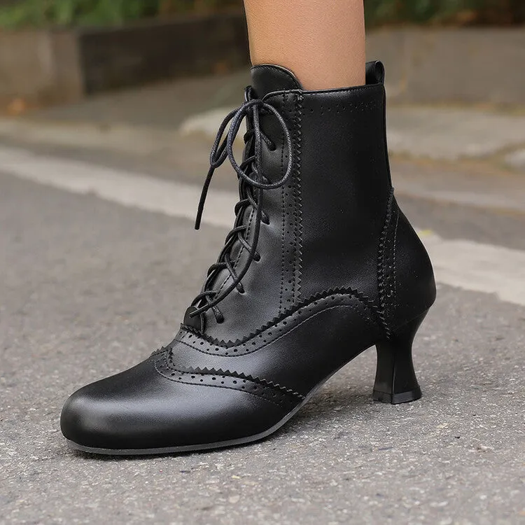 Women's Patchwork Lace-Up Round Toe Hoof Heel Ankle Boots