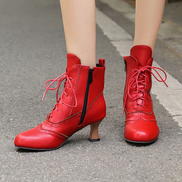 Women's Patchwork Lace-Up Round Toe Hoof Heel Ankle Boots
