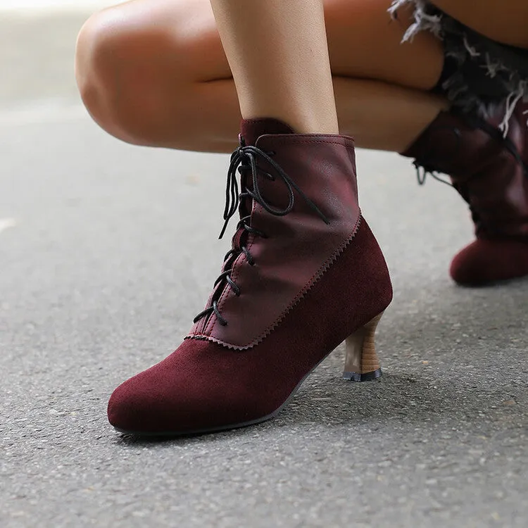 Women's Patchwork Lace-Up Round Toe Hoof Heel Ankle Boots