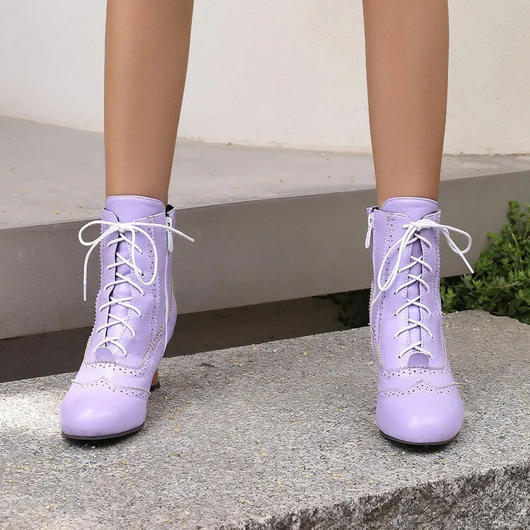 Women's Patchwork Lace-Up Round Toe Hoof Heel Ankle Boots