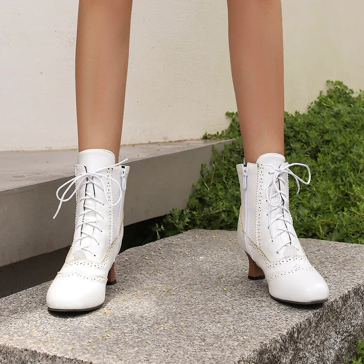 Women's Patchwork Lace-Up Round Toe Hoof Heel Ankle Boots