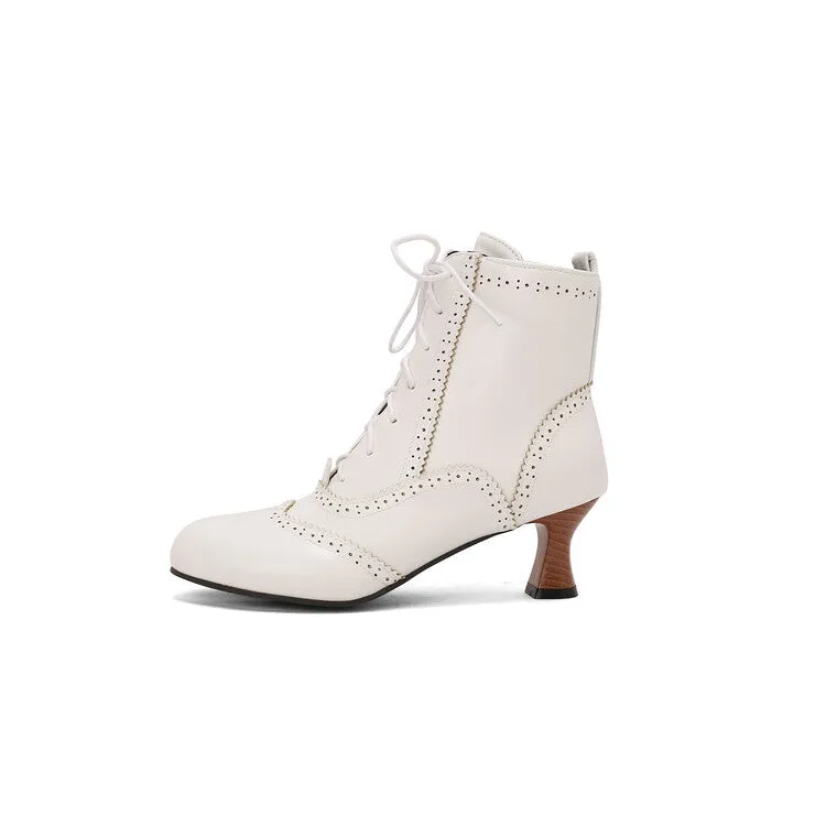Women's Patchwork Lace-Up Round Toe Hoof Heel Ankle Boots
