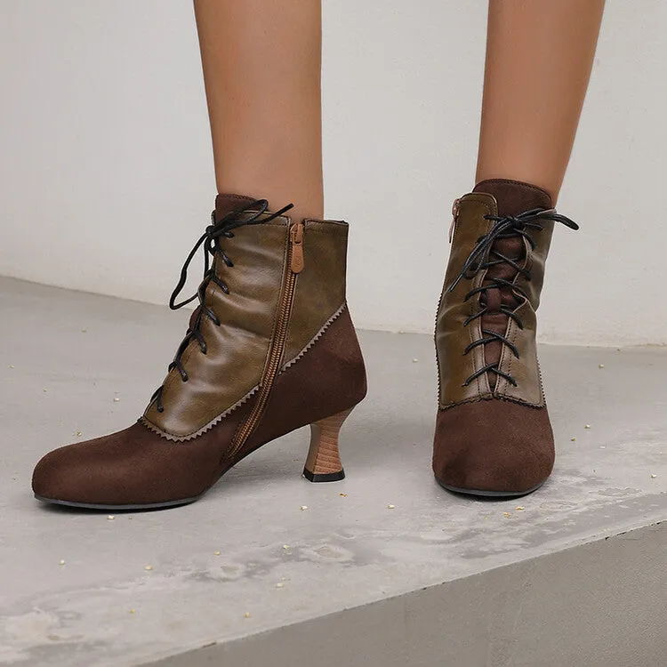 Women's Patchwork Lace-Up Round Toe Hoof Heel Ankle Boots