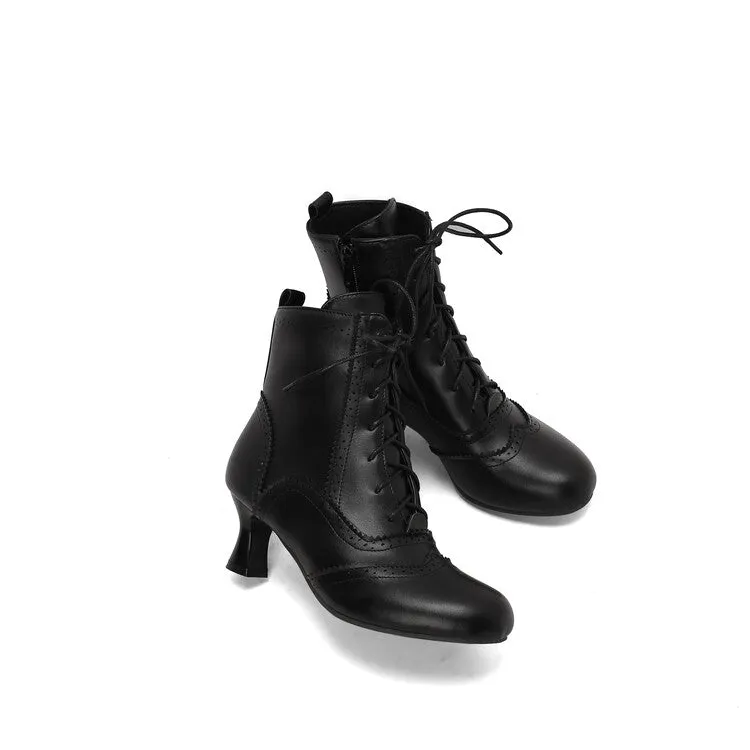 Women's Patchwork Lace-Up Round Toe Hoof Heel Ankle Boots