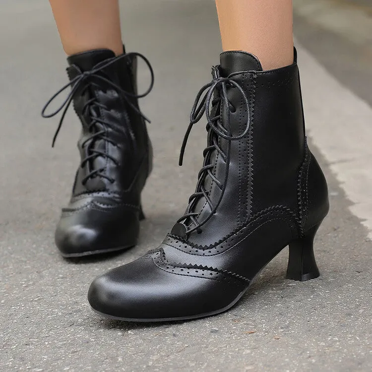 Women's Patchwork Lace-Up Round Toe Hoof Heel Ankle Boots