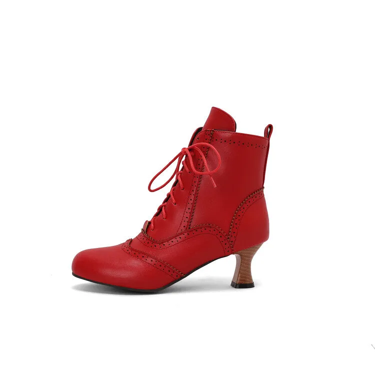 Women's Patchwork Lace-Up Round Toe Hoof Heel Ankle Boots