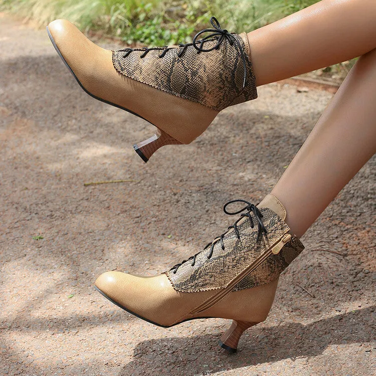 Women's Patchwork Lace-Up Round Toe Hoof Heel Ankle Boots