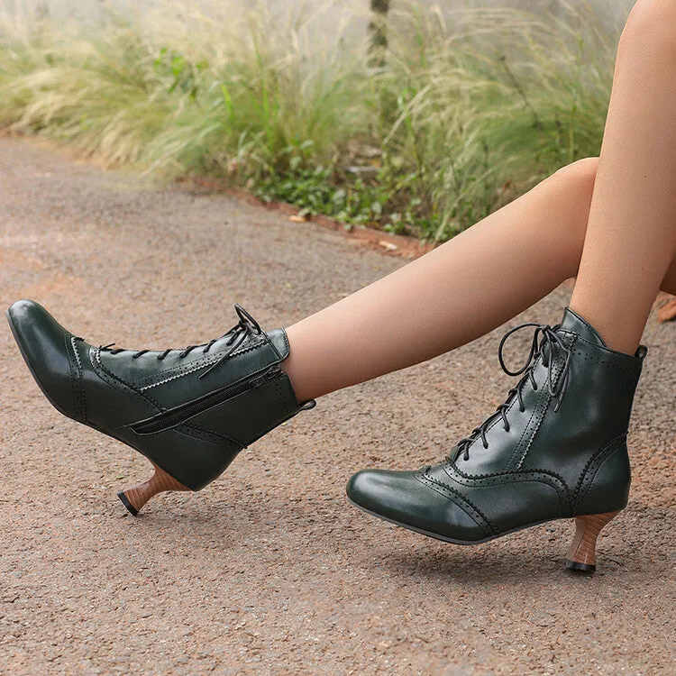 Women's Patchwork Lace-Up Round Toe Hoof Heel Ankle Boots