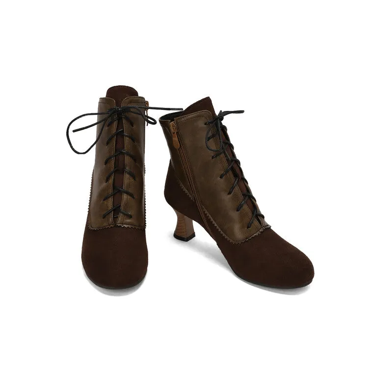 Women's Patchwork Lace-Up Round Toe Hoof Heel Ankle Boots