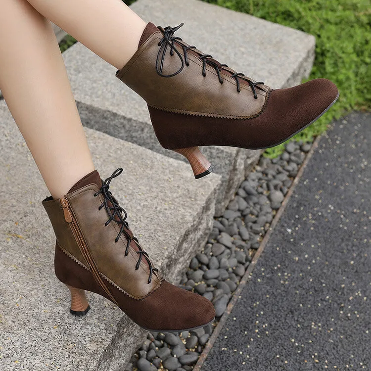 Women's Patchwork Lace-Up Round Toe Hoof Heel Ankle Boots
