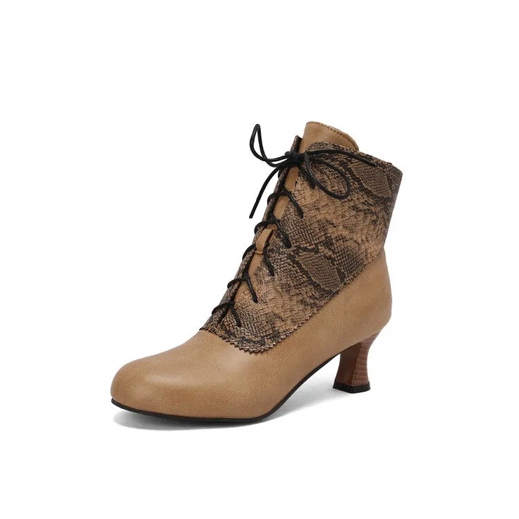 Women's Patchwork Lace-Up Round Toe Hoof Heel Ankle Boots