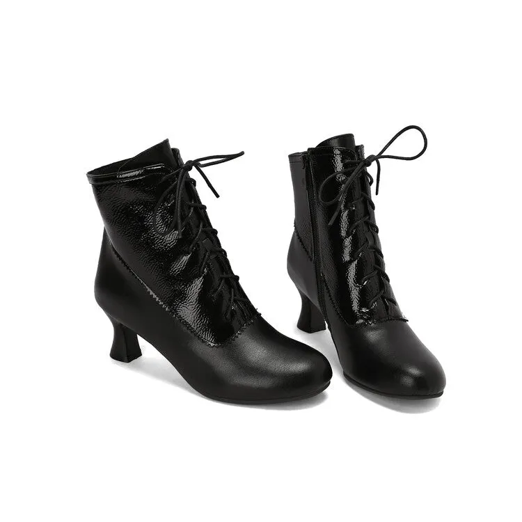 Women's Patchwork Lace-Up Round Toe Hoof Heel Ankle Boots