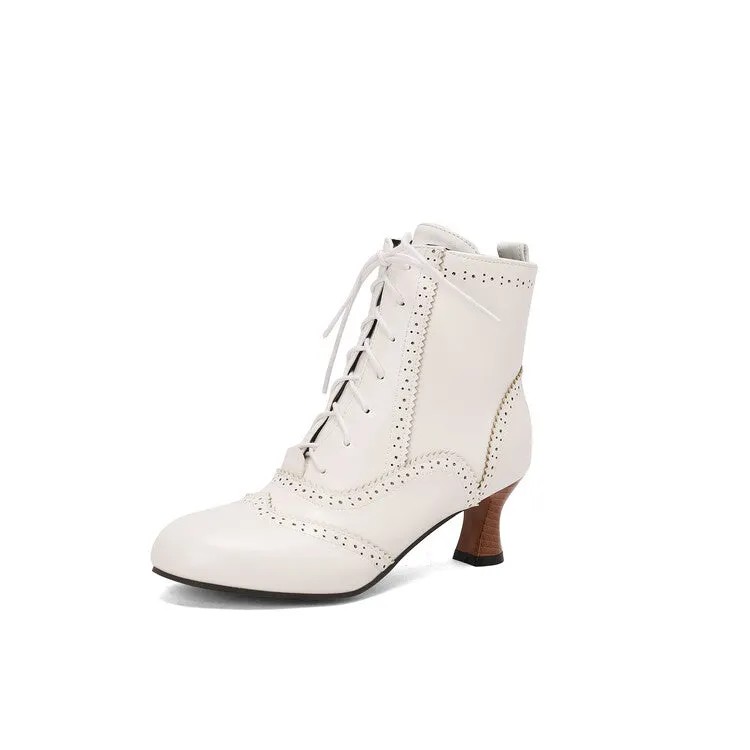 Women's Patchwork Lace-Up Round Toe Hoof Heel Ankle Boots