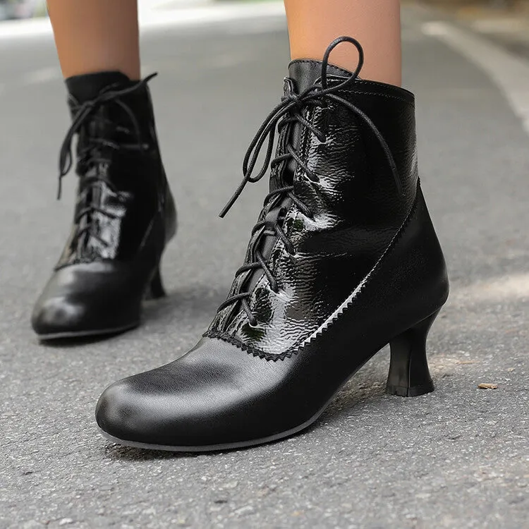 Women's Patchwork Lace-Up Round Toe Hoof Heel Ankle Boots