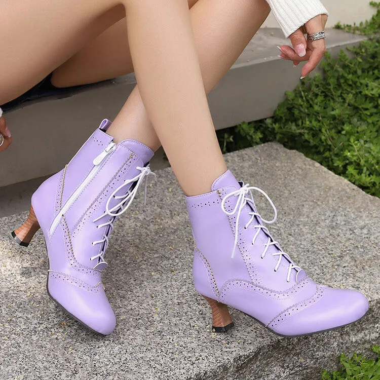 Women's Patchwork Lace-Up Round Toe Hoof Heel Ankle Boots