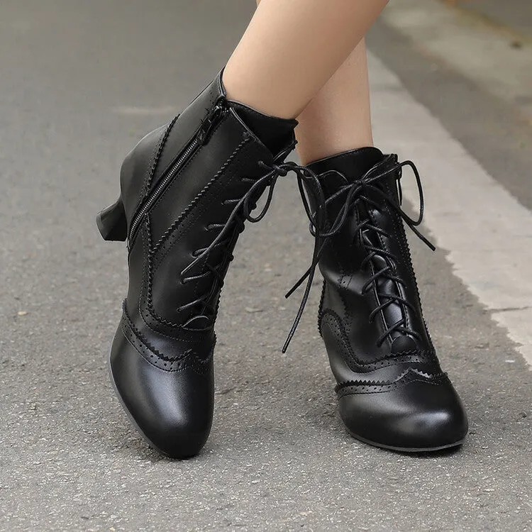 Women's Patchwork Lace-Up Round Toe Hoof Heel Ankle Boots