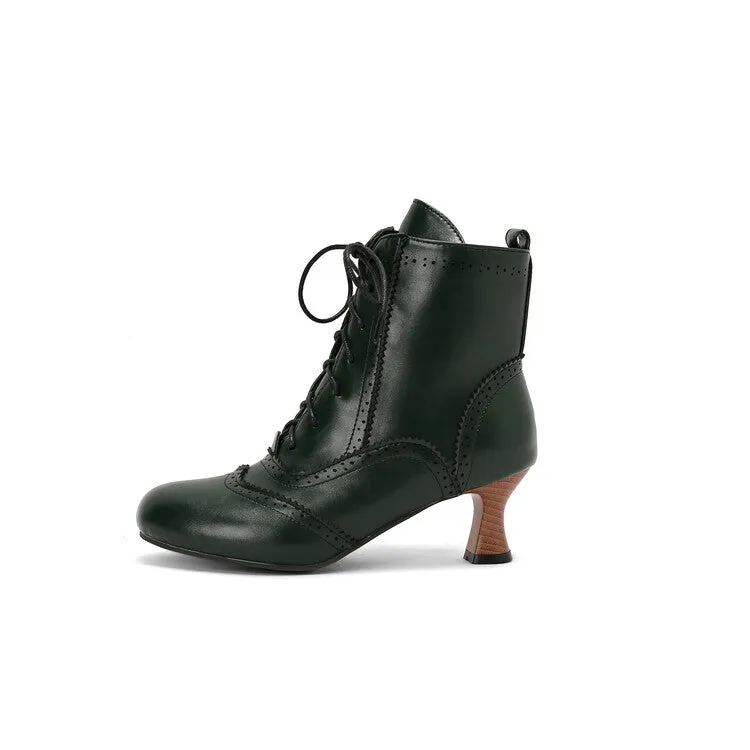 Women's Patchwork Lace-Up Round Toe Hoof Heel Ankle Boots