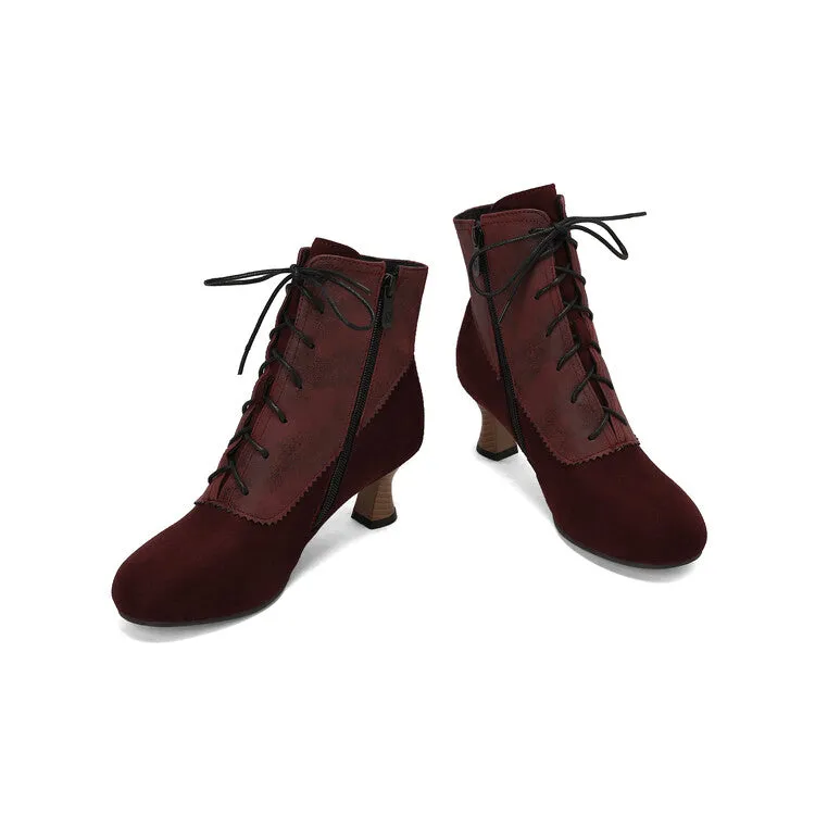 Women's Patchwork Lace-Up Round Toe Hoof Heel Ankle Boots