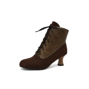 Women's Patchwork Lace-Up Round Toe Hoof Heel Ankle Boots