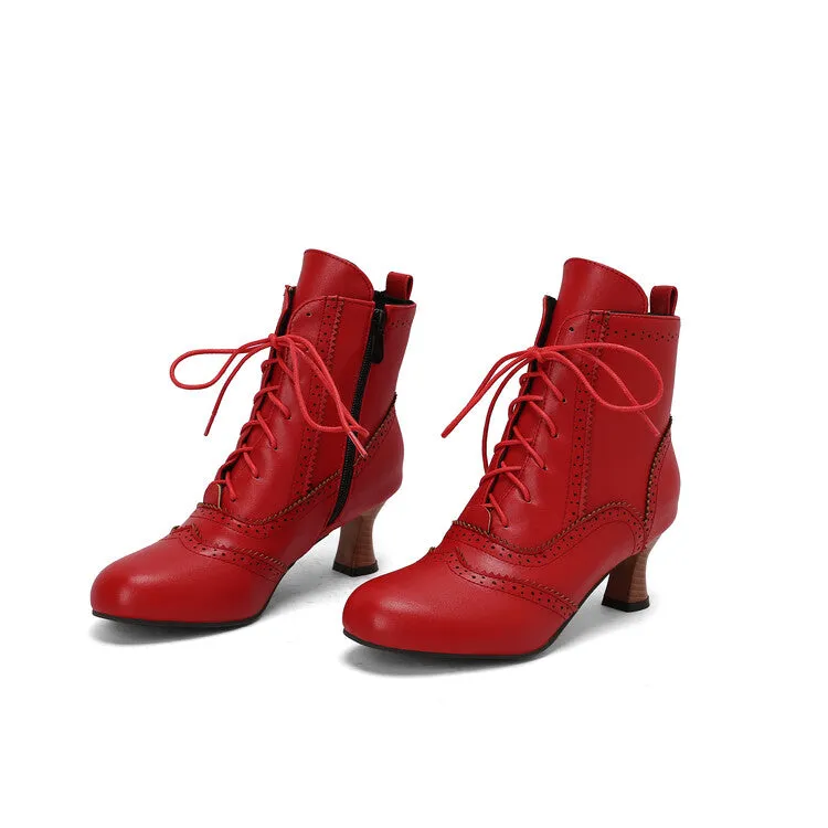 Women's Patchwork Lace-Up Round Toe Hoof Heel Ankle Boots