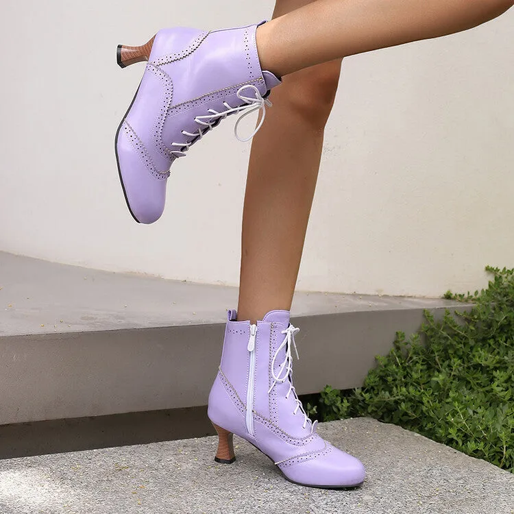 Women's Patchwork Lace-Up Round Toe Hoof Heel Ankle Boots