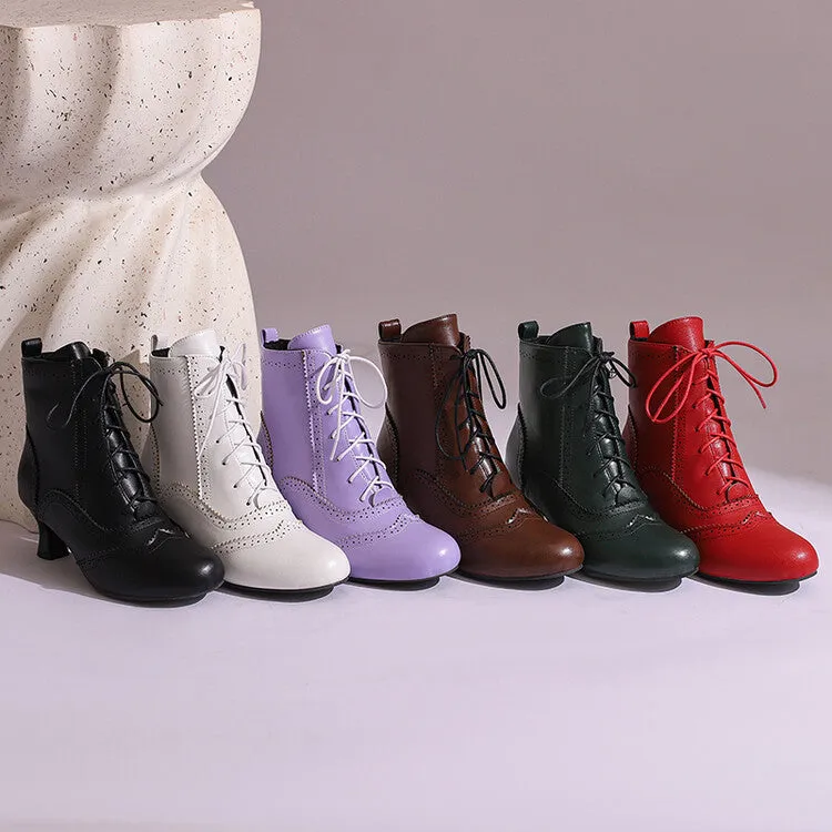 Women's Patchwork Lace-Up Round Toe Hoof Heel Ankle Boots