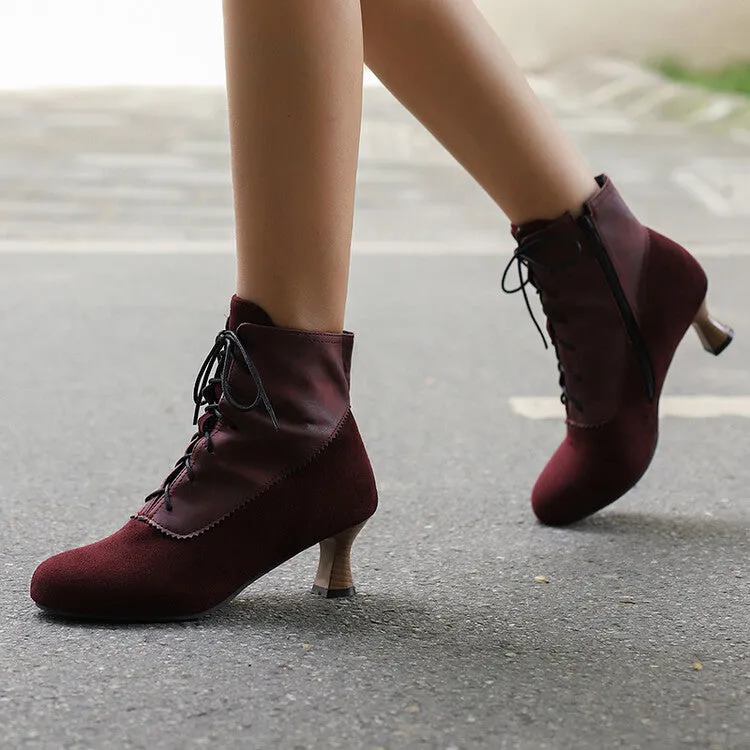 Women's Patchwork Lace-Up Round Toe Hoof Heel Ankle Boots