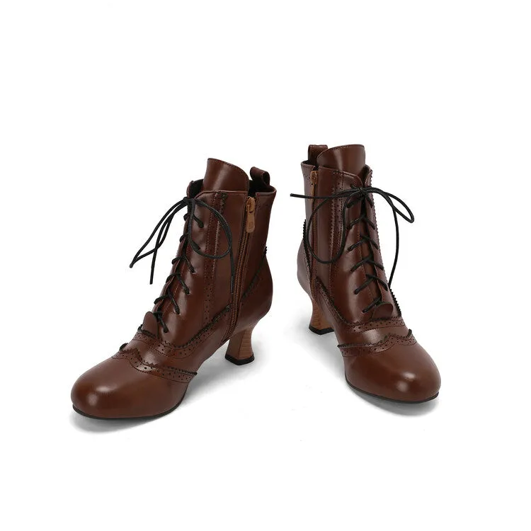Women's Patchwork Lace-Up Round Toe Hoof Heel Ankle Boots