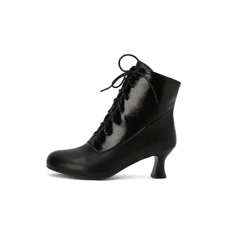 Women's Patchwork Lace-Up Round Toe Hoof Heel Ankle Boots
