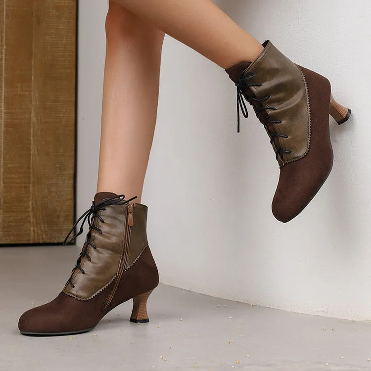 Women's Patchwork Lace-Up Round Toe Hoof Heel Ankle Boots