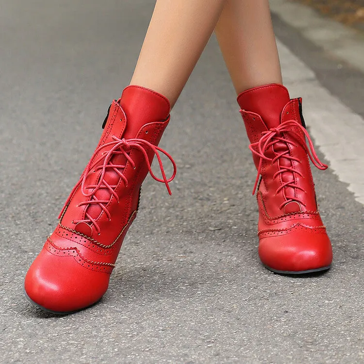 Women's Patchwork Lace-Up Round Toe Hoof Heel Ankle Boots