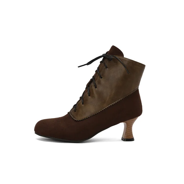 Women's Patchwork Lace-Up Round Toe Hoof Heel Ankle Boots