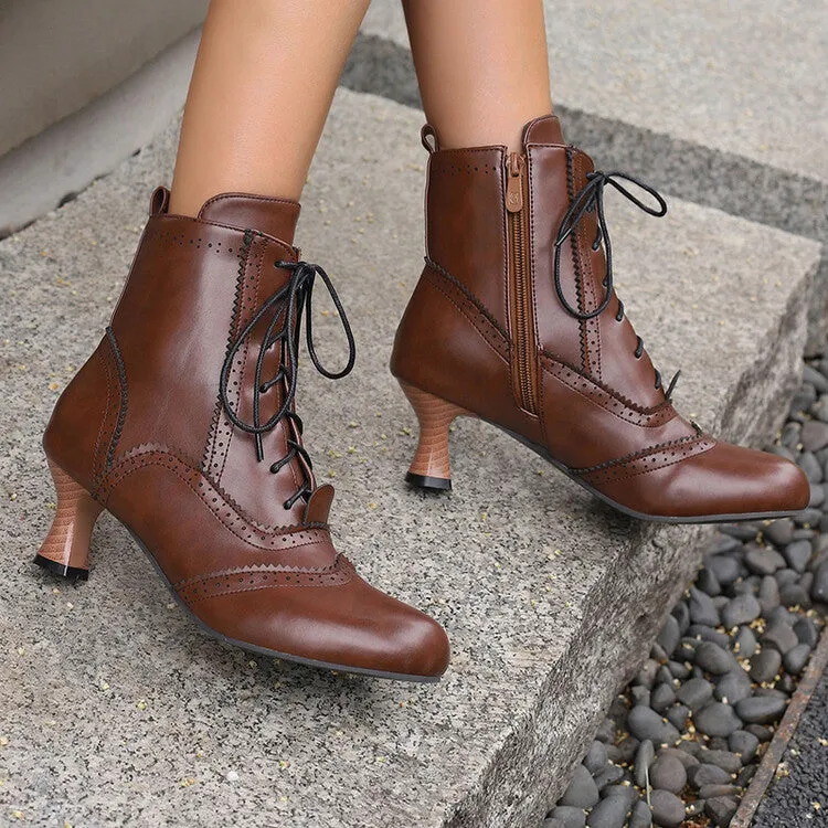 Women's Patchwork Lace-Up Round Toe Hoof Heel Ankle Boots