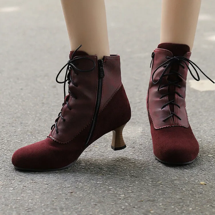 Women's Patchwork Lace-Up Round Toe Hoof Heel Ankle Boots