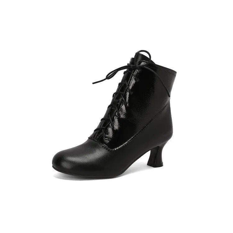 Women's Patchwork Lace-Up Round Toe Hoof Heel Ankle Boots