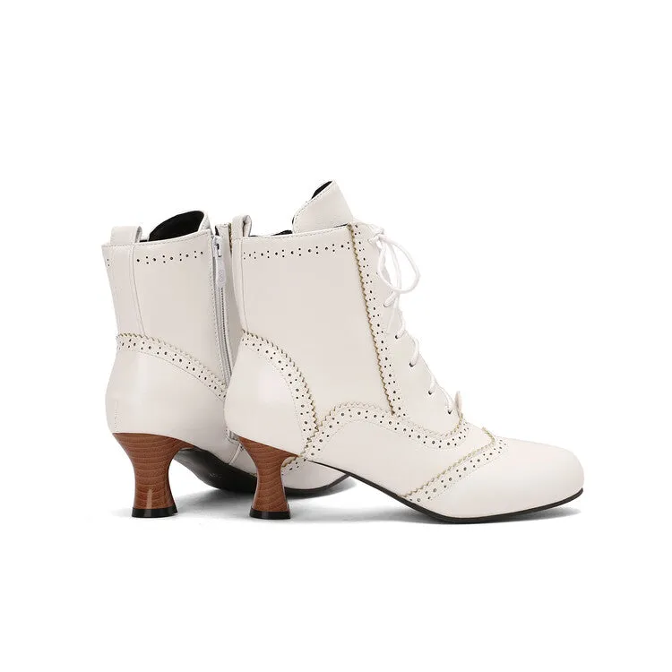 Women's Patchwork Lace-Up Round Toe Hoof Heel Ankle Boots