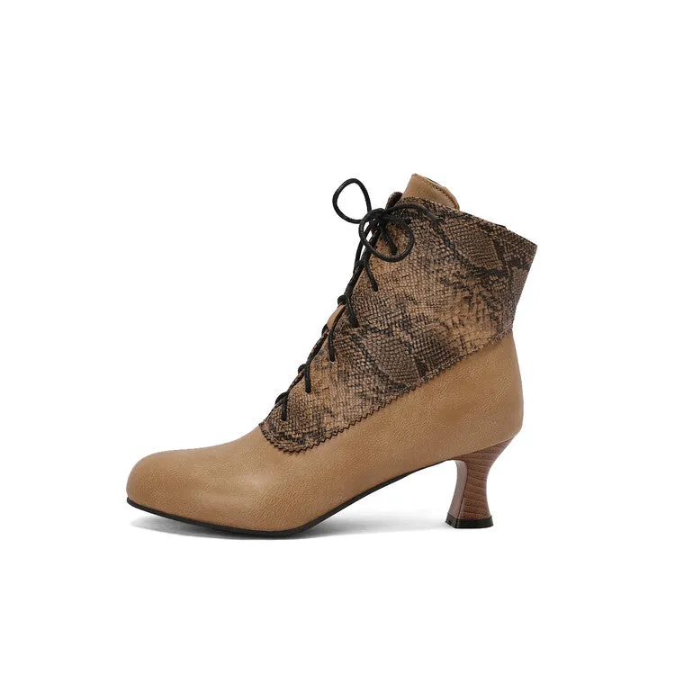 Women's Patchwork Lace-Up Round Toe Hoof Heel Ankle Boots