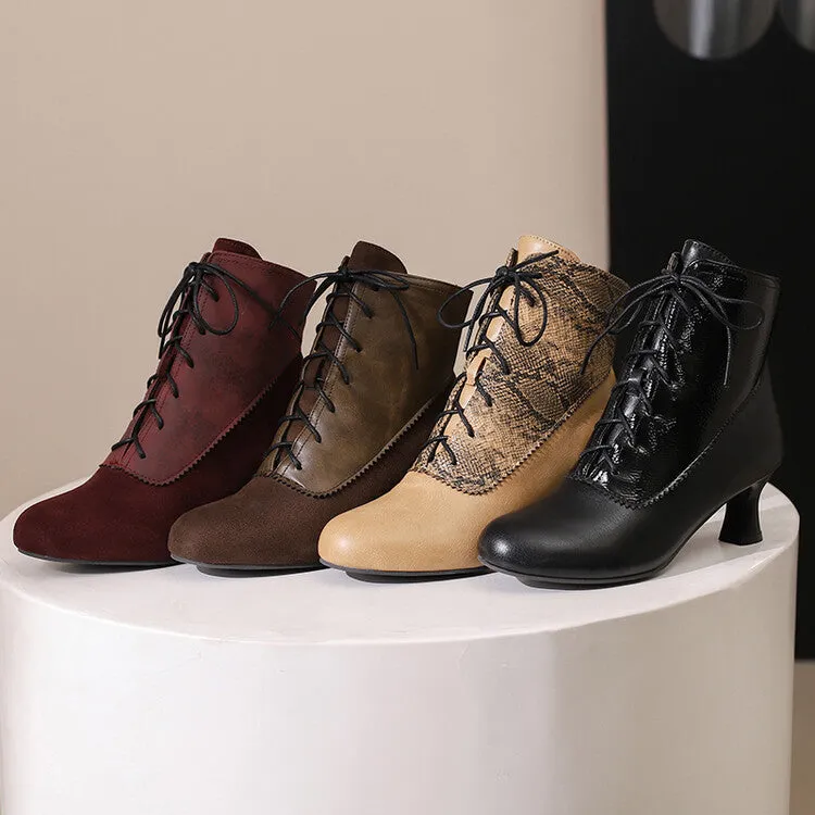 Women's Patchwork Lace-Up Round Toe Hoof Heel Ankle Boots