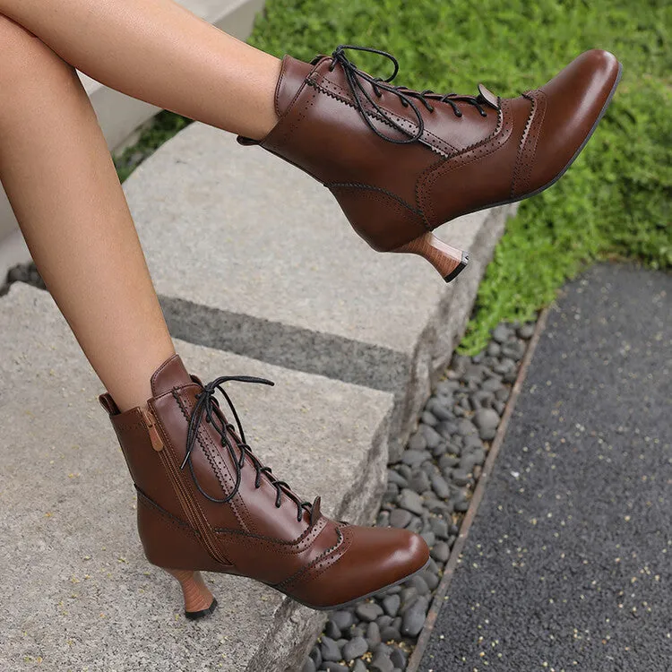 Women's Patchwork Lace-Up Round Toe Hoof Heel Ankle Boots