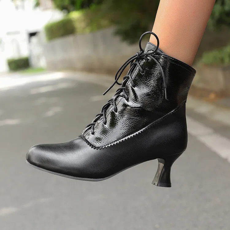 Women's Patchwork Lace-Up Round Toe Hoof Heel Ankle Boots