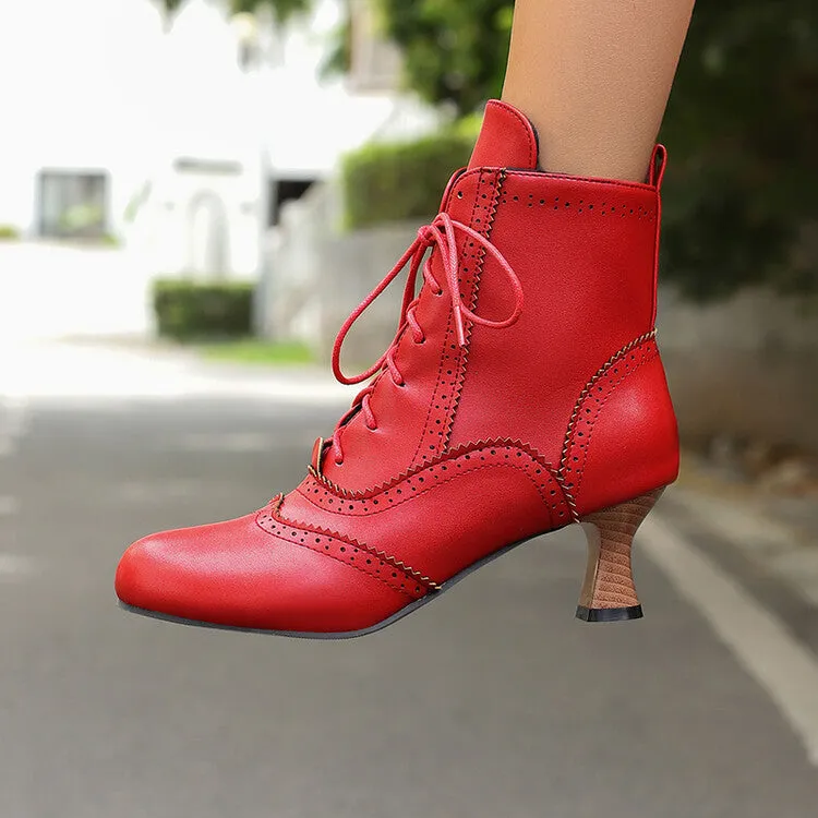 Women's Patchwork Lace-Up Round Toe Hoof Heel Ankle Boots